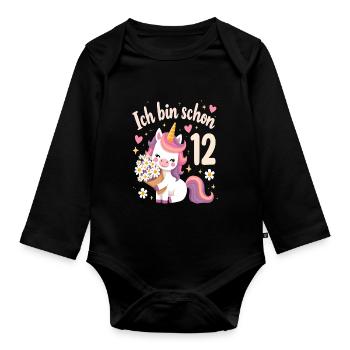 Cute Unicorn 12th Birthday for Girls - Organic Longsleeve Baby Bodysuit - black - Front