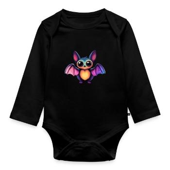 Colorful bat with big eyes - Organic Longsleeve Baby Bodysuit - black - Front