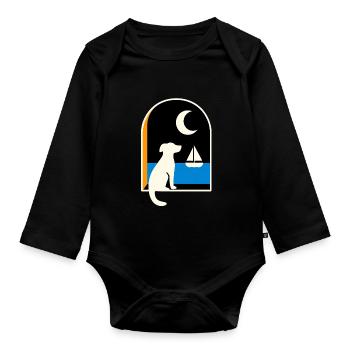 Dog gazing sailboat under the moon - Organic Longsleeve Baby Bodysuit - black - Front