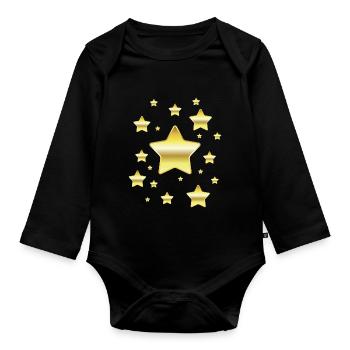 Stars in a simulated gold look - Organic Longsleeve Baby Bodysuit - black - Front