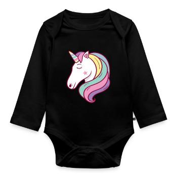 Einhorn Bunter Einhornkopf - Baby Bio-Langarm-Body - Schwarz - Vorne