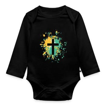 Symbole de croix chrétienne Couleur Splash - Body Bébé bio manches longues - noir - Devant