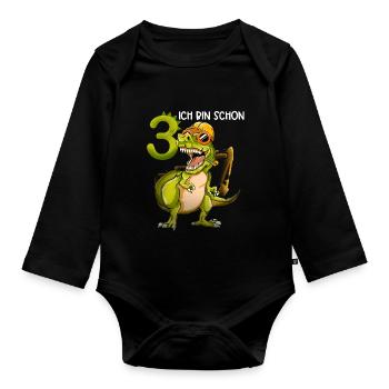 Geburtstag Kinder 3 Jahre Drei Dritter Dino Bagger - Baby Bio-Langarm-Body - Schwarz - Vorne