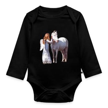 Glückliches Pferd mit Engel - Baby Bio-Langarm-Body - Schwarz - Vorne