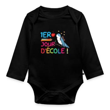 1er Jour D École humour rentrée scolaire oiseaux - Body Bébé bio manches longues - noir - Devant