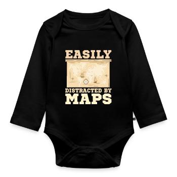 Easily distracted by maps geography mapping - Organic Longsleeve Baby Bodysuit - black - Front