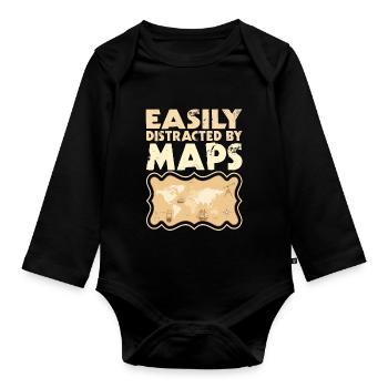 Easily distracted by Maps Geography Mapping - Organic Longsleeve Baby Bodysuit - black - Front
