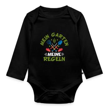 Hobbygärtner Gartenarbeit Spruch Mein Garten - Baby Bio-Langarm-Body - Schwarz - Vorne
