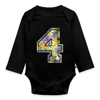 Nummer 4 Blume, Fußballmannschaft, Universitätsbasketball - Baby Bio-Langarm-Body - Schwarz - Vorne