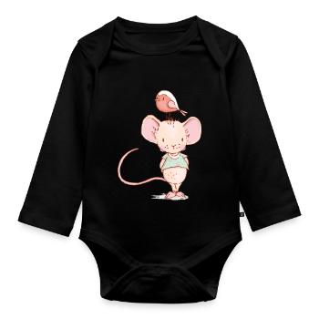 Maus mit Vogel - Baby Bio-Langarm-Body - Schwarz - Vorne