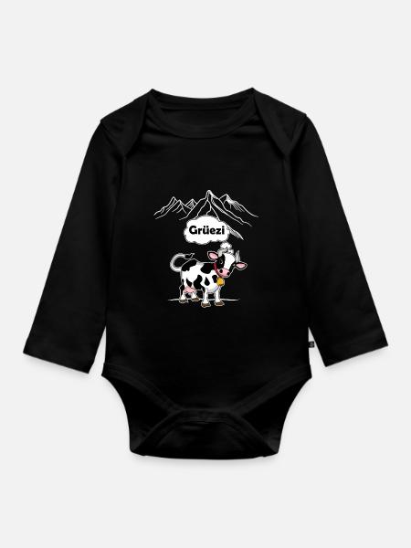 Swiss Cow - Grüezi - Switzerland Travel - Organic Longsleeve Baby Bodysuit - black