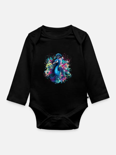 Pfau Pfauenfeder Exotisch Farbenfroh Bunt Kunst - Baby Bio-Langarm-Body - Schwarz
