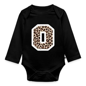 Letter O Leopard Muster - Geschenkidee zum Geburtstag - Baby Bio-Langarm-Body - Schwarz - Vorne