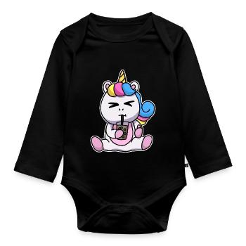 Bubble Tea Drinking Unicorn Anime Kawaii - Organic Longsleeve Baby Bodysuit - black - Front