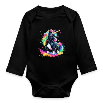 Einhorn bunt Regenbogen Pony Kinder - Baby Bio-Langarm-Body - Schwarz - Vorne