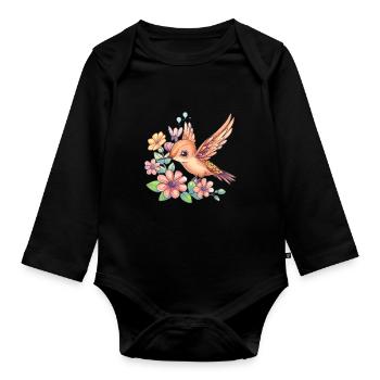 Colibri entre les fleurs - Body Bébé bio manches longues - noir - Devant