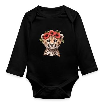 Guépard à l’hibiscus - Body Bébé bio manches longues - noir - Devant