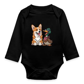 Corgi and duck - Organic Longsleeve Baby Bodysuit - black - Front