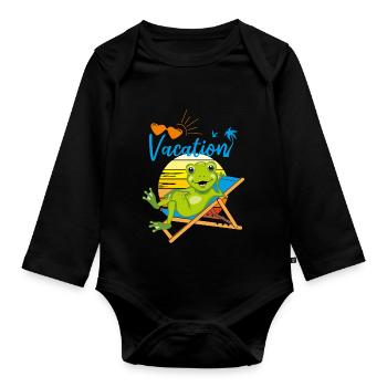 Happy little frog is relaxing on the deck chair - Organic Longsleeve Baby Bodysuit - black - Front