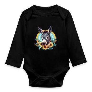 Esel mit Sonnenblumen - Baby Bio-Langarm-Body - Schwarz - Vorne