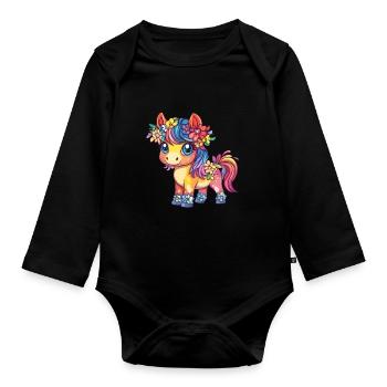 Flower pony in rainbow look - Organic Longsleeve Baby Bodysuit - black - Front