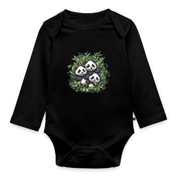 Three pandas in bamboo - Organic Longsleeve Baby Bodysuit - black - Front