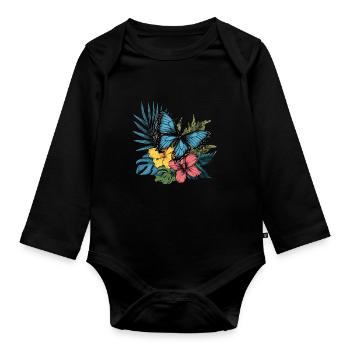 Papillon tropical avec des fleurs - Body Bébé bio manches longues - noir - Devant