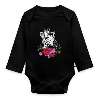 Giraffe With Flowers - Organic Longsleeve Baby Bodysuit - black - Front