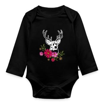 Deer With Flowers - Organic Longsleeve Baby Bodysuit - black - Front
