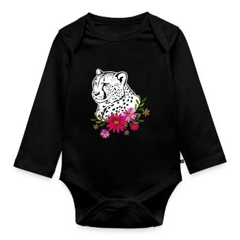 Cheetah With Flowers - Organic Longsleeve Baby Bodysuit - black - Front