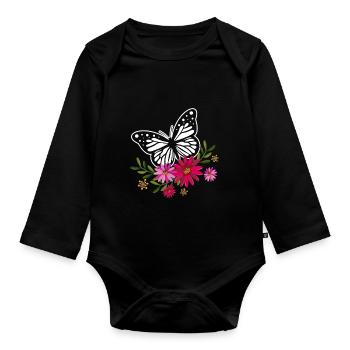 Butterfly With Flowers - Organic Longsleeve Baby Bodysuit - black - Front