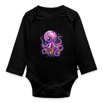 Pieuvre avec des fleurs - Body Bébé bio manches longues - noir - Devant