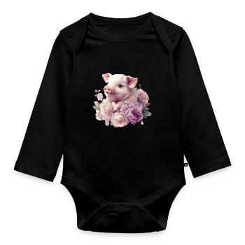 Petit porcelet aux roses - Body Bébé bio manches longues - noir - Devant
