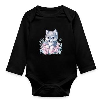 Husky with roses - Organic Longsleeve Baby Bodysuit - black - Front