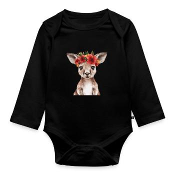 Kangaroo with flower wreath - Organic Longsleeve Baby Bodysuit - black - Front