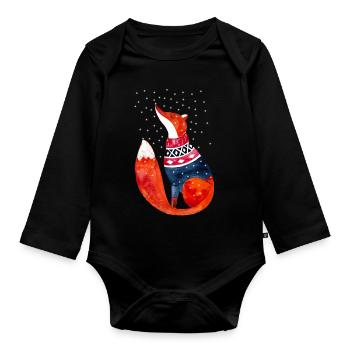 Fuchs im Schnee I Winter Illustration - Baby Bio-Langarm-Body - Schwarz - Vorne