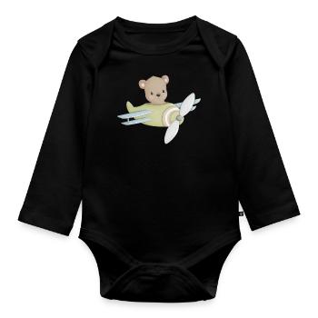 Ours dans l’avion - Body Bébé bio manches longues - noir - Devant