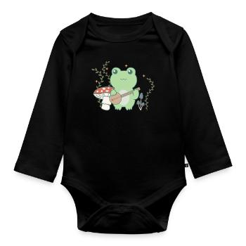 Cottagecore esthétique grenouille dans la forêt avec banjo - Body Bébé bio manches longues - noir - Devant