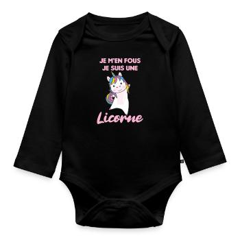 Je m'en fous je suis une licorne - süßes Einhorn - Baby Bio-Langarm-Body - Schwarz - Vorne