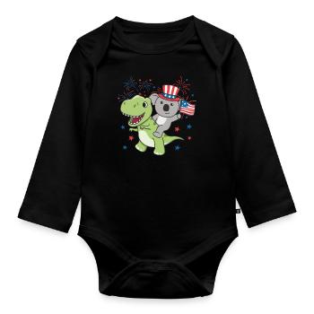 Koala mit T-Rex für den vierten Juli Feuerwerk - Baby Bio-Langarm-Body - Schwarz - Vorne