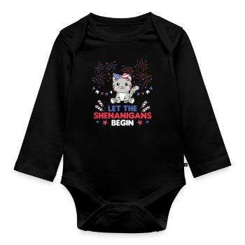 Happy 4th cute cat with fireworks America - Organic Longsleeve Baby Bodysuit - black - Front