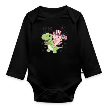 Axolotl with T-Rex for the fourth of July fireworks - Organic Longsleeve Baby Bodysuit - black - Front