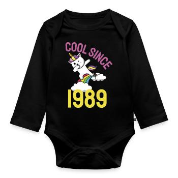 Cool since 1989 Dabbing cat 33rd birthday - Organic Longsleeve Baby Bodysuit - black - Front