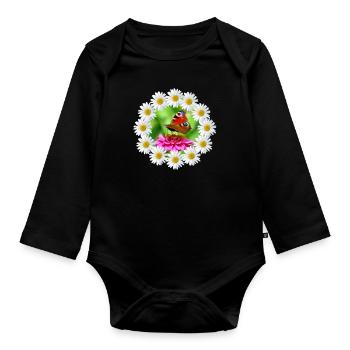 Marguerite Pink Flower Butterfly Flower Pattern - Organic Longsleeve Baby Bodysuit - black - Front