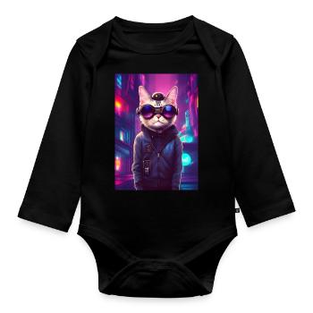 Techno Cat In Japan Neon City - Baby Bio-Langarm-Body - Schwarz - Vorne