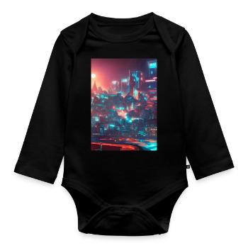 Cool Japanese Techno Cat In Japan Neon City - Baby Bio-Langarm-Body - Schwarz - Vorne