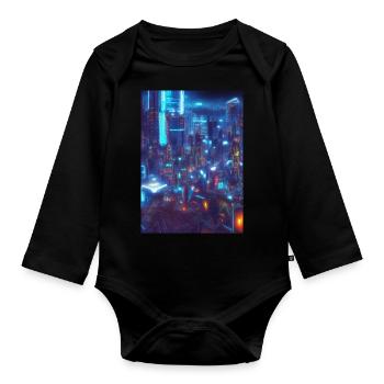 Cool Japanese Techno Cat In Japan Neon City - Baby Bio-Langarm-Body - Schwarz - Vorne