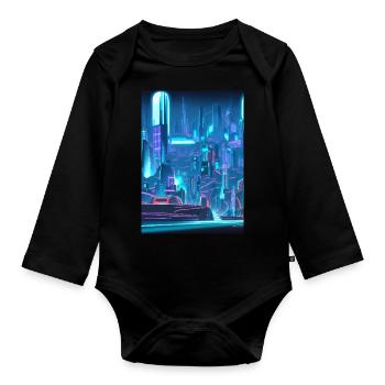 Cool Japanese Techno Cat In Japan Neon City - Baby Bio-Langarm-Body - Schwarz - Vorne