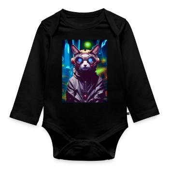 Techno Cat In Japan Neon City - Baby Bio-Langarm-Body - Schwarz - Vorne