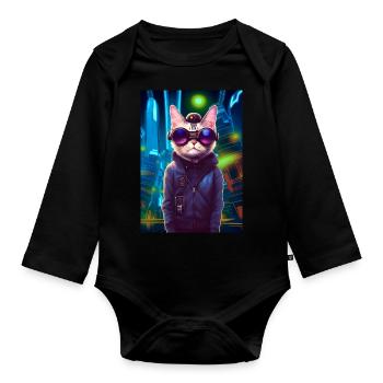 Techno Cat In Japan Neon City - Baby Bio-Langarm-Body - Schwarz - Vorne